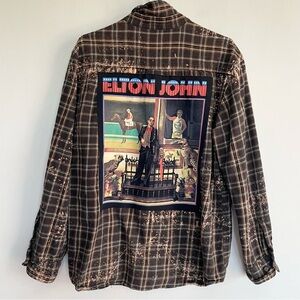 Upcycled Elton John Brown Black Plaid Graphic Shirt Flannel Concert Merch L